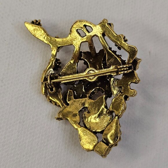 Vintage Gold Tone Metal Teardrop Crescent Moon Rhinestone Brooch Leaf Pin - Picture 2 of 7